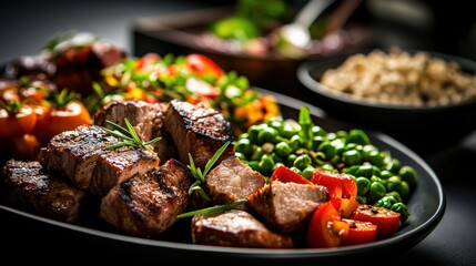 Grilled meat delicacies gourmet restaurant food photography indoor dining close-up culinary art