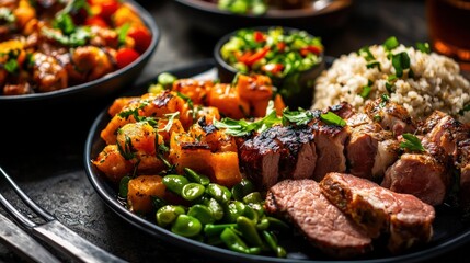 Delicious grilled meal featuring pork side dishes and rice restaurant style warm atmosphere close-up for food lovers