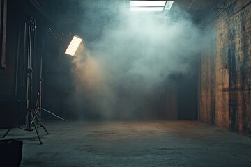 A fog-layered studio set with dusty walls and pale top lighting.