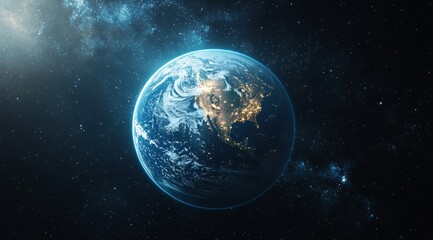 Obraz premium Earth glows brilliantly against a backdrop of swirling nebulae and distant stars, its city lights illuminating the night side.