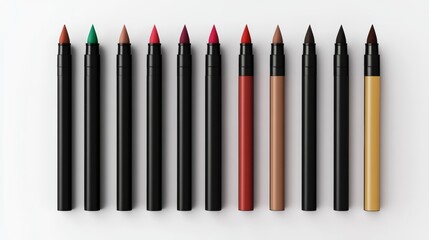 Lip pencil packaging template. Lip liner collection in different colours. Makeup kreamy automatic kajal for lips and eyes. Vector isolated illustration. Cosmetic products mock up.