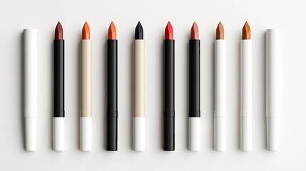 Naklejka premium Lip pencil packaging template. Lip liner collection in different colours. Makeup kreamy automatic kajal for lips and eyes. Vector isolated illustration. Cosmetic products mock up.