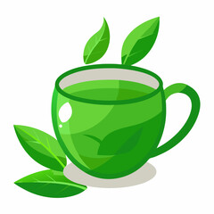 Green tea cup with leaves 