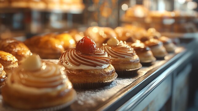 Golden Pastries: A Delightful Display of Creamy Caramel and Berry-Topped Delights