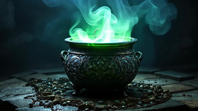 Ornate cauldron bubbling with green potion