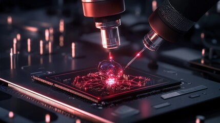 Innovative technology action microchip enhancement in laboratory digital environment close-up view engineering concept