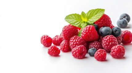 Fresh raspberries and blueberries, with mint