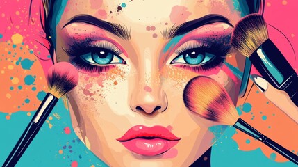 Beauty master girl with cosmetic tools. The woman has a makeup brush and powder. The girl does makeup, paints her face. Creates a fashionable image. Vector illustration for a beauty salon