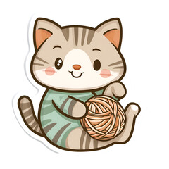 Kitty playing with yarn indoor space sticker design cozy environment close-up aofthanit