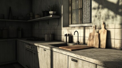Close up of gray kitchen countertop with cutting boards and built in sink standing in kitchen with gray walls. 3d rendering