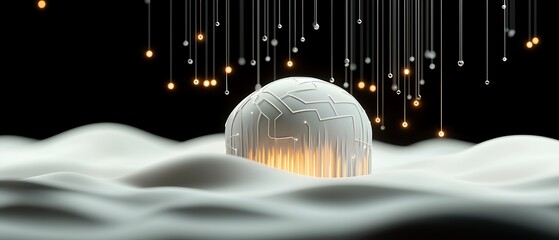 Abstract sphere with circuit pattern, luminous lines,  atop rippled white surface, dark backdrop