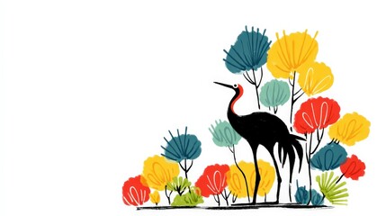 Serene Crane in Colorful Abstract Garden  Japanese Inspired Art Print