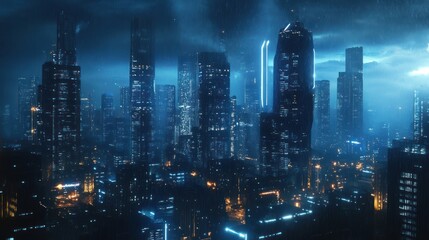 Obraz premium Futuristic cityscape at night with illuminated skyscrapers against a dark sky