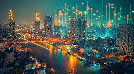 Obraz premium Earth sphere hologram with candlesticks and growing lines. Panoramic Bangkok cityscape at night. Concept of forex and investment, online trading and global market