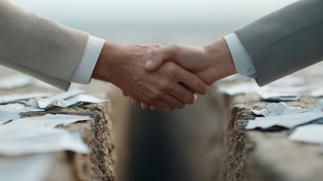 Bridging the Divide: A powerful visual metaphor of hands clasped in a firm handshake, symbolizing unity and agreement amidst a chasm of conflict.
