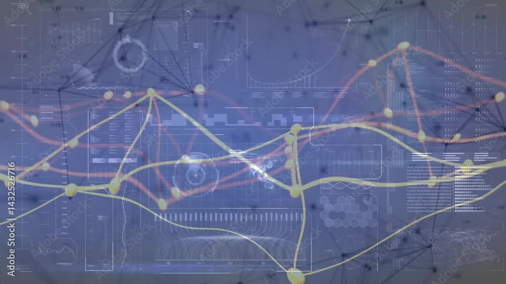 Poster Interface visualizing glowing nodes connecting with lines, overlaying charts and world map grid