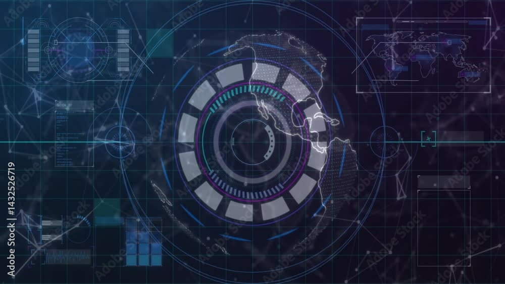 Aufkleber displaying central circular hud rotating over world map, showing arcs and data panels in 3d render