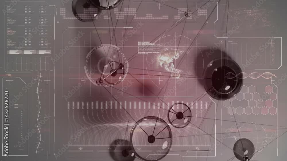 Poster spherical network nodes connecting lines animating in flat design ui featuring hud charts waveform