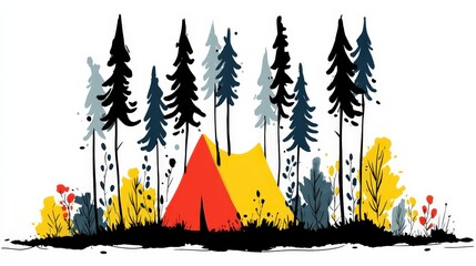 Obraz premium Camping Adventure Tent in Forest Nature Scene Hiking Trip Illustration