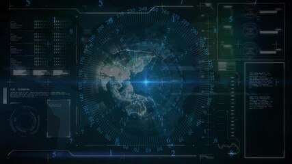 Central digital globe spinning within concentric grid, showing numeric overlays and scanning beam - Powered by Adobe