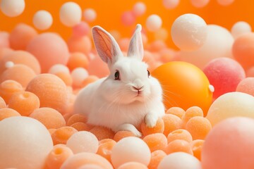 Adorable White Rabbit Amidst Peachy Balloons: A Whimsical Scene