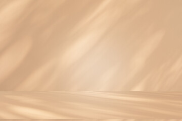 Wall interior background, studio and backdrops show products. with leaf shadow from window color beige and white. background for text insertion and presentation of product	