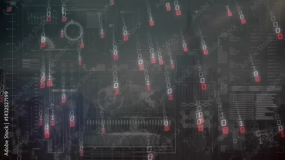 Poster binary digits streaming across dark futuristic ui, displaying line graphs and bar charts