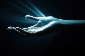 Obraz premium Illuminated hand reaching out in darkness, symbolizing hope and connection with soft light