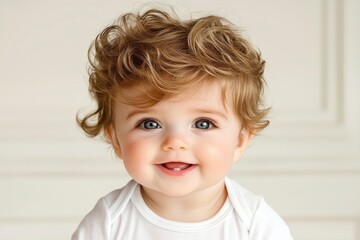 Naklejka premium Happy Baby Portrait Close Up of a Smiling Infant with Curly Brown Hair and Bright Blue Eyes