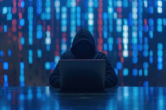 A hacker in a hood sits on a chair with his laptop on a blue background.