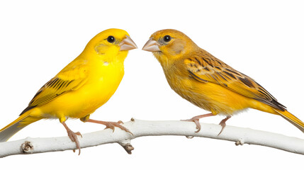 On a bright white background, two canaries—one yellow and one slightly darker—stand side by side on a white branch, displaying their various hues and unique traits.