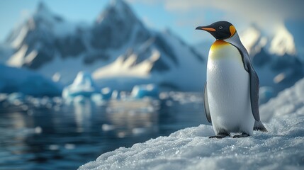 Fototapeta premium A majestic emperor penguin stands proudly on an icy landscape with snow-covered mountains and frozen lakes, focusing on its detailed face in a cinematic, realistic, and epic Antarctic wildlife scene.