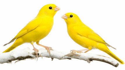 Fototapeta premium On a bright white background, two canaries—one yellow and one slightly darker—stand side by side on a white branch, displaying their various hues and unique traits.