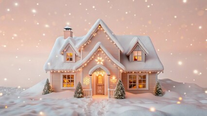 Fototapeta premium A snow-covered house shines with festive lights at night, radiating warmth and holiday cheer