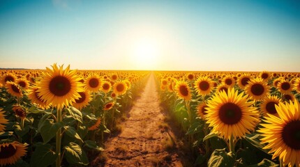 Endless field of sunflowers under bright sun in summer day landscape