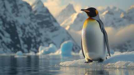 Fototapeta premium A majestic emperor penguin stands proudly on an icy landscape with snow-covered mountains and frozen lakes, focusing on its detailed face in a cinematic, realistic, and epic Antarctic wildlife scene.