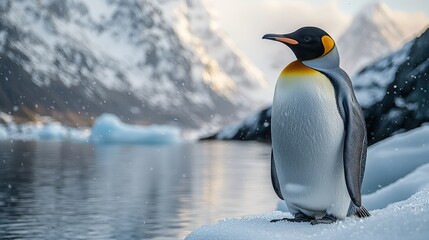 Obraz premium A majestic emperor penguin stands proudly on an icy landscape with snow-covered mountains and frozen lakes, focusing on its detailed face in a cinematic, realistic, and epic Antarctic wildlife scene.