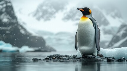 Obraz premium A majestic emperor penguin stands proudly on an icy landscape with snow-covered mountains and frozen lakes, focusing on its detailed face in a cinematic, realistic, and epic Antarctic wildlife scene.
