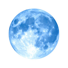 A luminous blue moon displays intricate surface details, glowing softly against a dark backdrop.