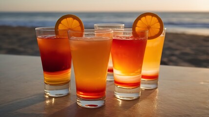 A colorful tequila sunrise with layers of orange, red, and yellow in a tall glass