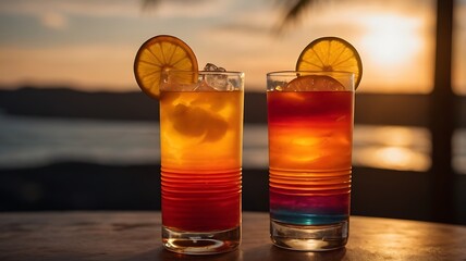 A colorful tequila sunrise with layers of orange, red, and yellow in a tall glass