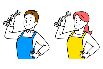 スパナを構えるエプロン姿の男女　セット