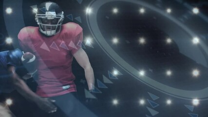 Football players tackling on digital turf, highlighting tech with glowing lights and triangles - Powered by Adobe
