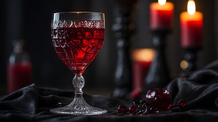 A dark gothic-themed vampire blood drink in a crystal goblet