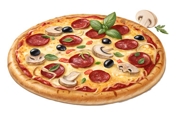 Premium Pizza PNG Illustration, Realistic Cheese, Pepperoni & Veggie Toppings on White Background.
