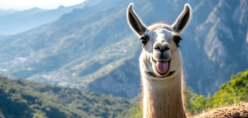 Obraz premium Playful Llama with Tongue Out Posing Goofily Against Stunning Mountain Scenery.