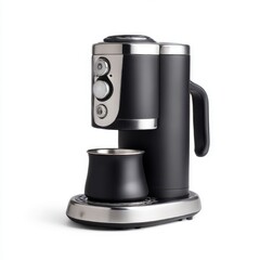 Black coffee maker with silver trim on white background
