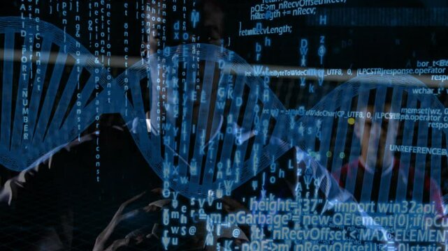 Two male researchers examining digital code and DNA in tech lab, showing bioinformatics data