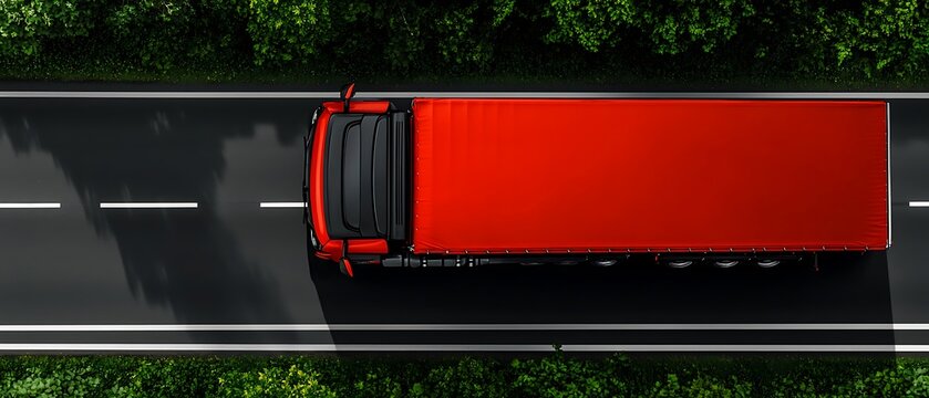 An aerial view of a red truck moving down a highway, surrounded by green trees on either side