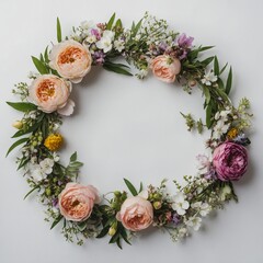A flower crown of spring blooms on white background